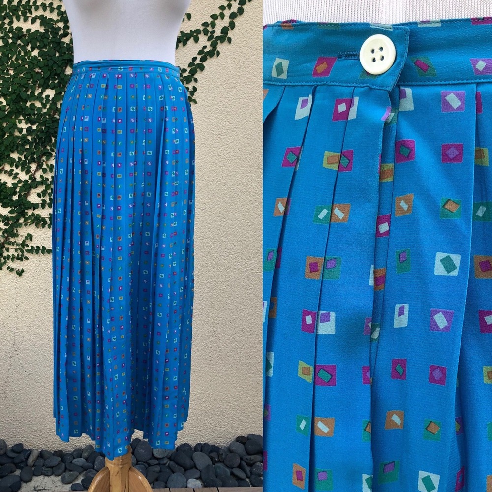 Colors by Alexander Julian silk Midi Pleated blue squares Skirt